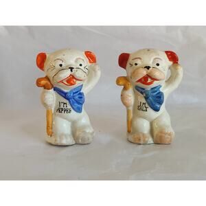 Rare I'm Salt I'm Pepper Puppy Dog Holding Cane salt and pepper shaker set